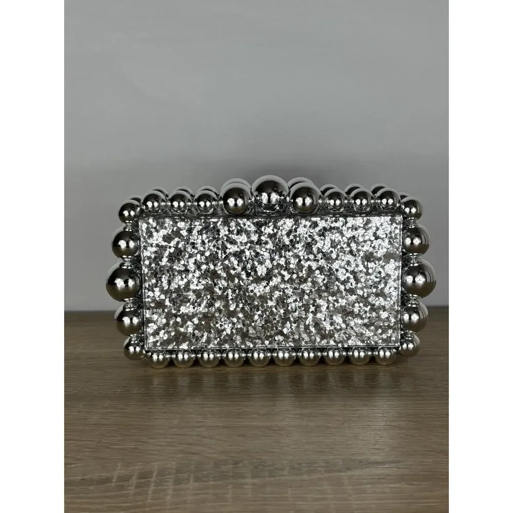 Silver Glitter Acrylic Box Clutch Bubble Ball Evening Bag Crossbody Chain Purse